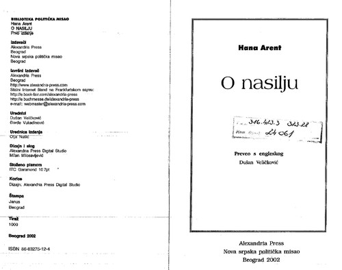 Hannah Arendt: O nasilju (Serbian language, 2002, Alexandria Press, Nova srpska politička misao)