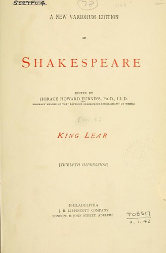 William Shakespeare: King Lear (1908, J B Lippincott Company)