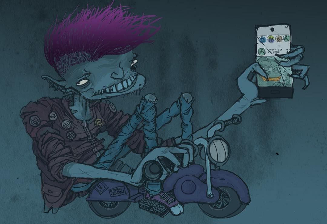 Dibujo de un troll en una moto con un teléfono en su mano