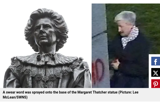 A la izquierda una estatua de Margaret Tatcher, a la derecha la señora anciana con su bote de graffiti.