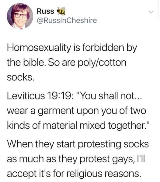 Russ
@RussInCheshire

Homosexuality is forbidden by the bible. So are poly/cotton socks.

Leviticus 19:19 - "You shall not... wear a garment upon you of two kinds of material mixed together."

When they start protesting socks as much as they protest gays, I'll accept it's for religious reasons.