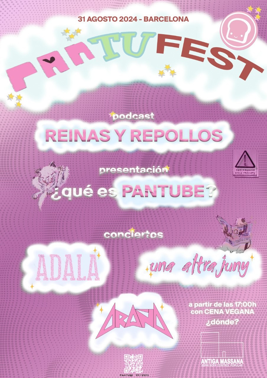 Poster pantufest en color rosa con gatitos y nubecitas.
31 agosto en la Antiga Massana 17:00