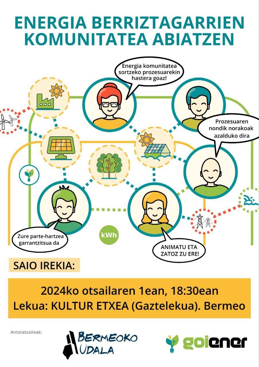 Energía berriztagarrien komunitatea abiatzen ari dira Bermeo. Bihar hitzaldia egingo dute, 18:30etan Kultur Etxean.