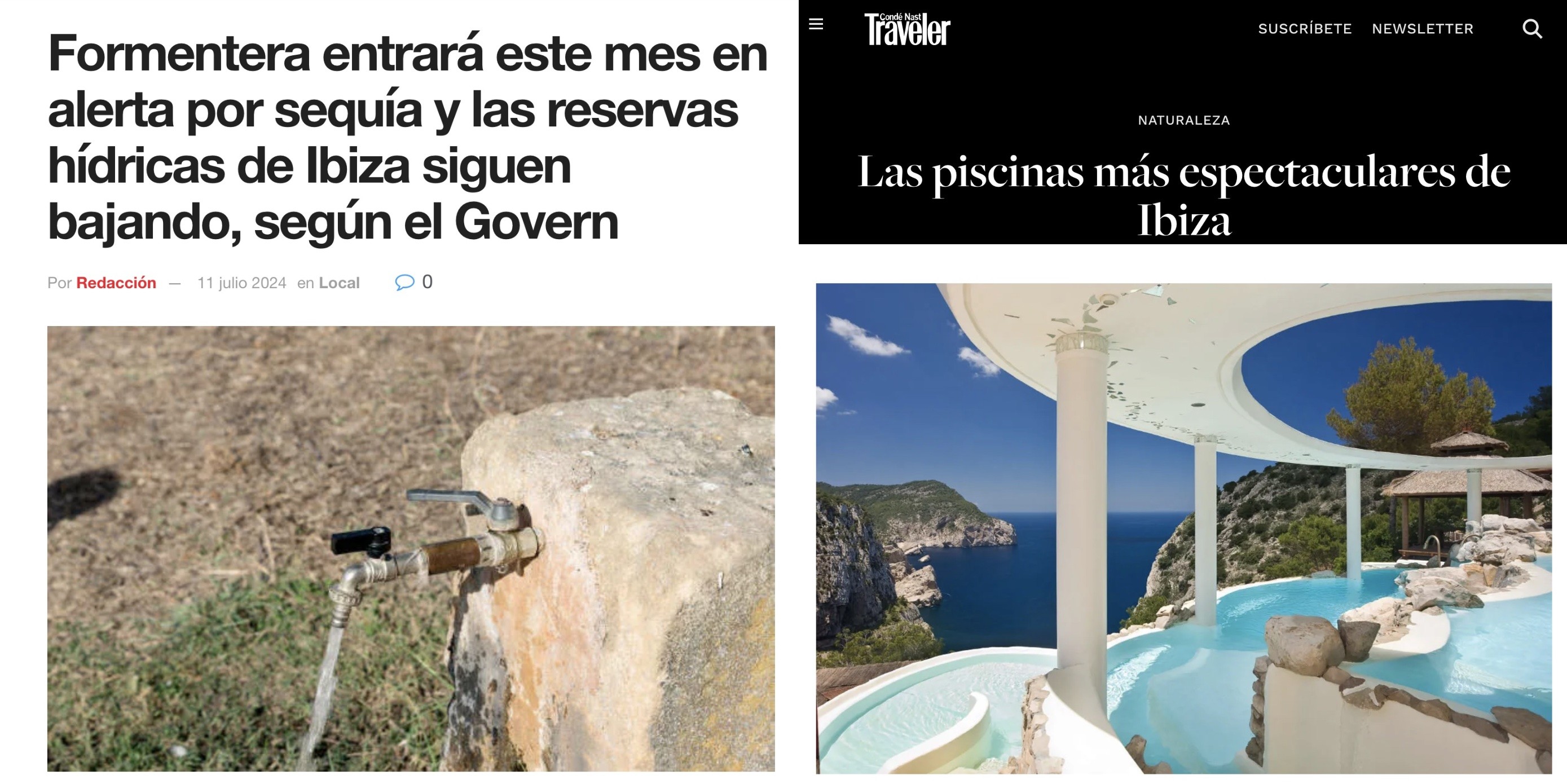 A un lado, noticia de que Ibiza y Formentera padecen sequía. Al otro, un artículo de la Conde-Nast: "Las piscinas más espectaculares de Ibiza".