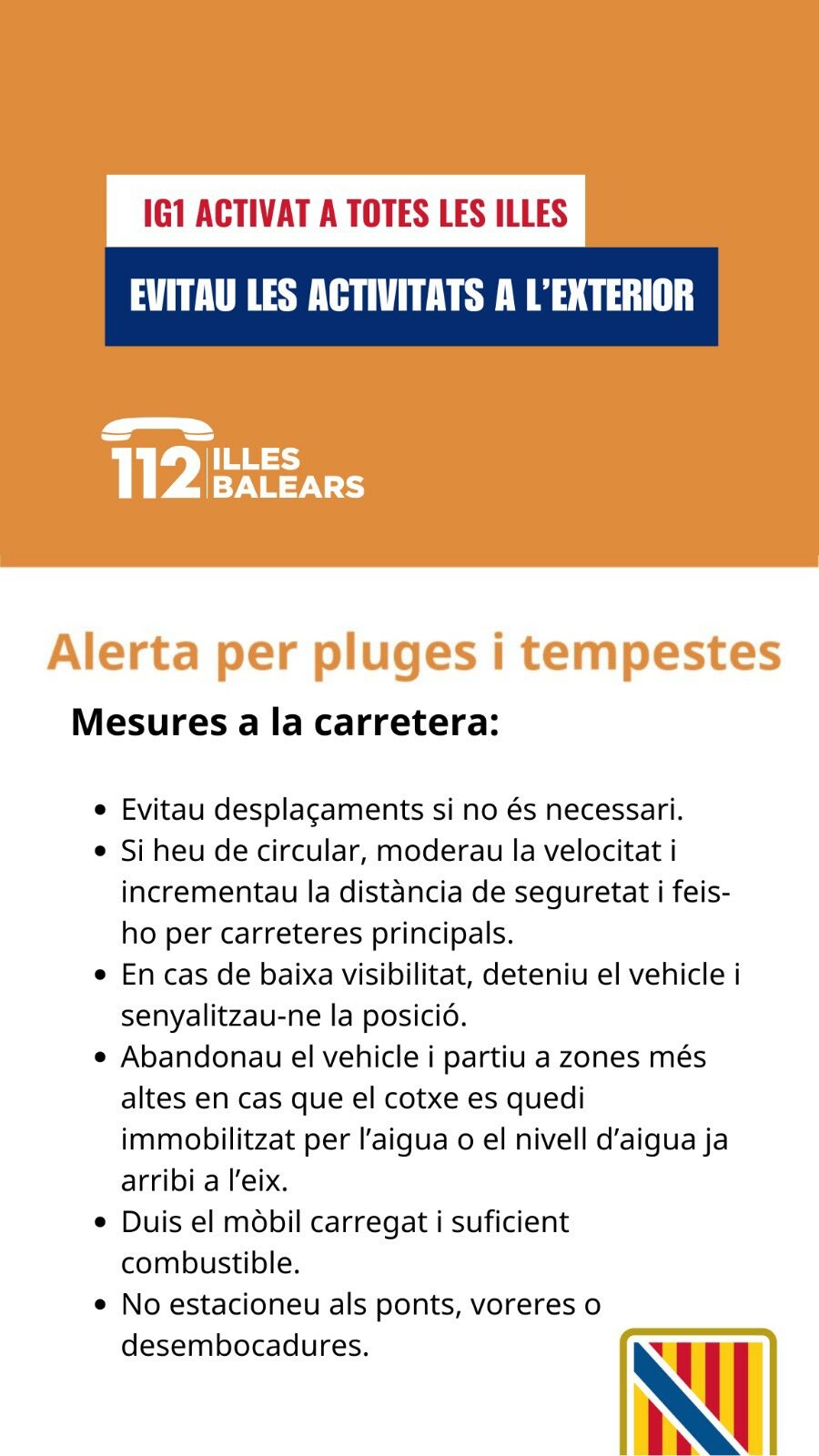 Cartell amb l'avís per l'alerta taronja a les Illes Balears i les recomanacions a seguir.