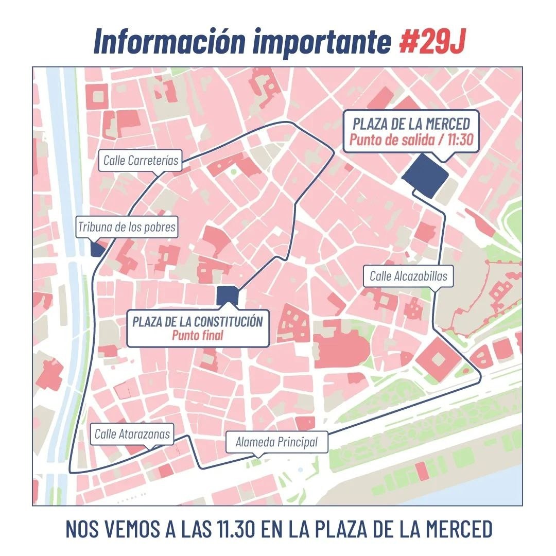 Mapa del recorrido de la manifestación de hoy en Málaga. Comienza a las 11:30 en la Plaza de la Merced y acabará a eso dd las 14:00 en la Plaza de la Constitución