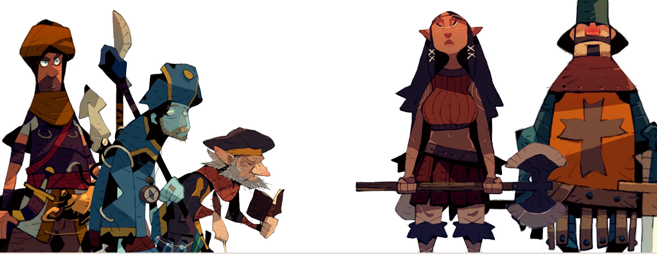 Three fantasy characters, a warrior, a mage and a goblin are inspecting a male and female mercenary