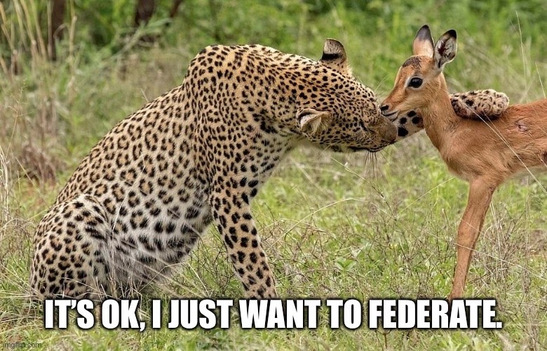 Leopard with its paw on the neck of a calf, as if telling it something in friendly confidence.