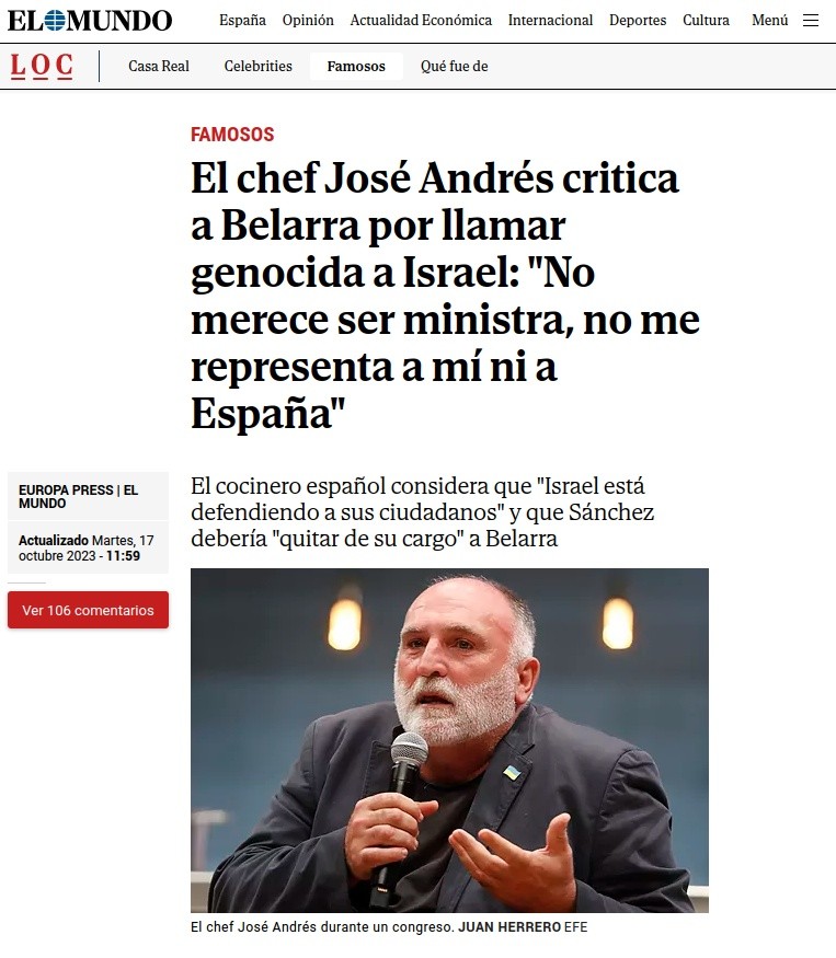 Noticia de «El Mundo» con el titular: “El chef José Andrés critica a Belarra por llamar genocida a Israel: «No merece ser ministra, no me representa a mí ni a España»”.