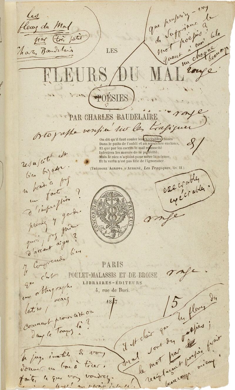 The first edition of Les Fleurs du mal with author's notes.