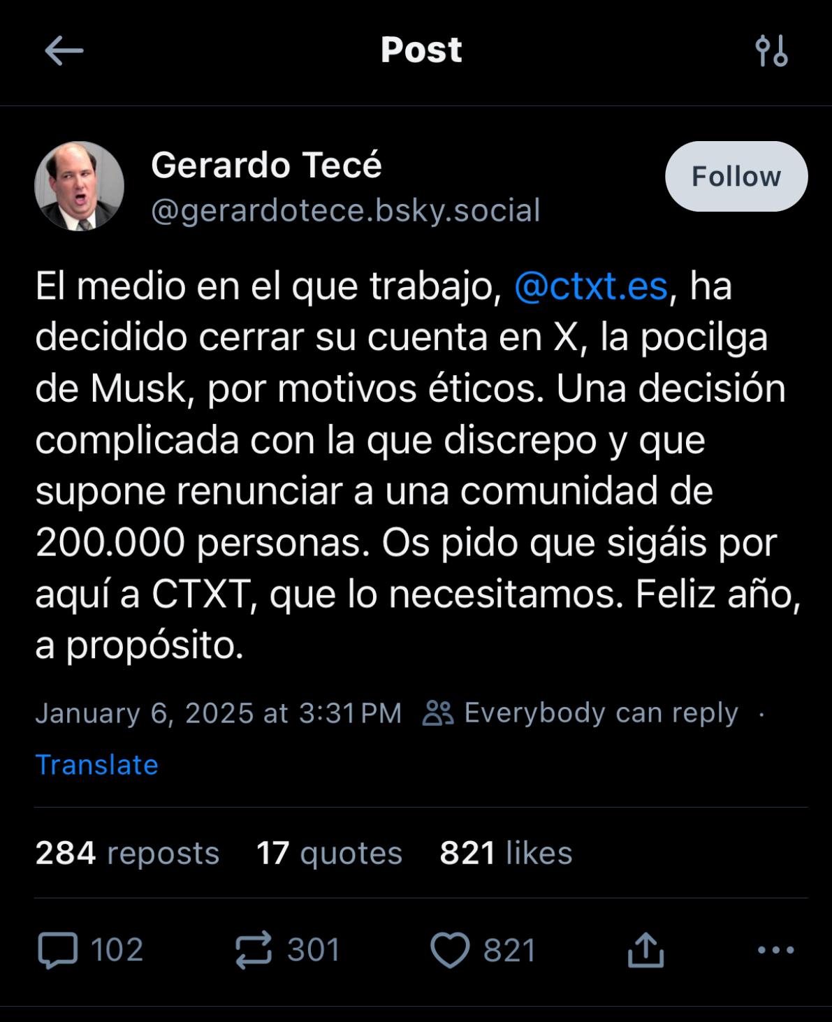 Captura de la cuenta de Gerardo Tecé en Bluesky en rl que se hace eco del abandono oficial de X por parte de la revista Contexto