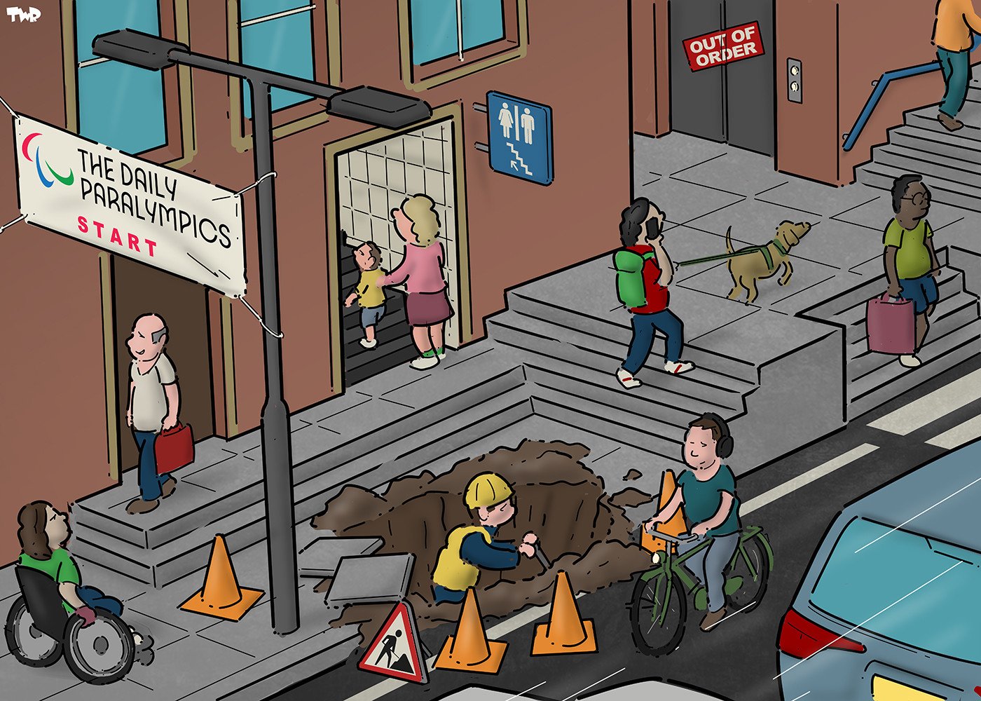 Cartoon showing a street and sidewalk. The street is full of speeding cars and the sidewalk is uneven, with a lot of steps going up and down, and further blocked by a big hole in the ground where construction workers are working. A door leads from the sidewalk to a public toilet, which is up a flight up stairs. An elevator next to another flights of stairs has a sign that reads ‘out of order’. People are walking happily up and down the street, while a woman in a wheelchair in the left the cartoon is staring up at a banner that reads ‘The Daily Paralympics - START’.