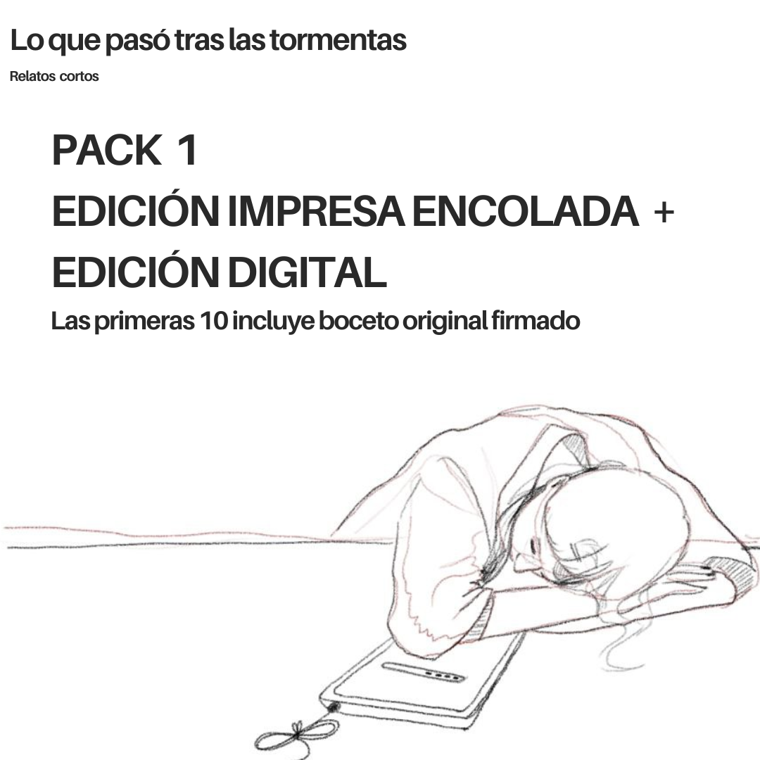 Descripción del pack: PACK 1 EDICION IMPRESA ENCOLADA MÁS EDICIÓN DIGITAL, las primeras 10 incluyen boceto firmado, y aparece la portada, que es un boceto de una persona durmiendo sobre una tableta.