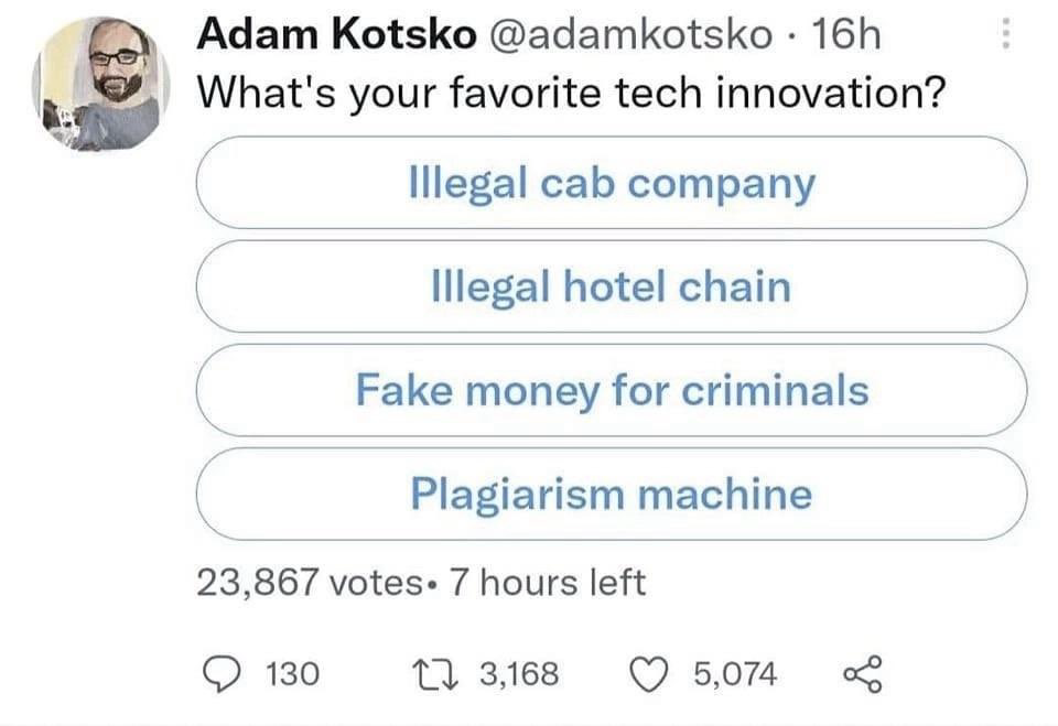 What is your favorite tech innovation?
1. Illegal cab company
2. Illegal hotel chain
3. Fake money for criminals
4. Plagiarism machine