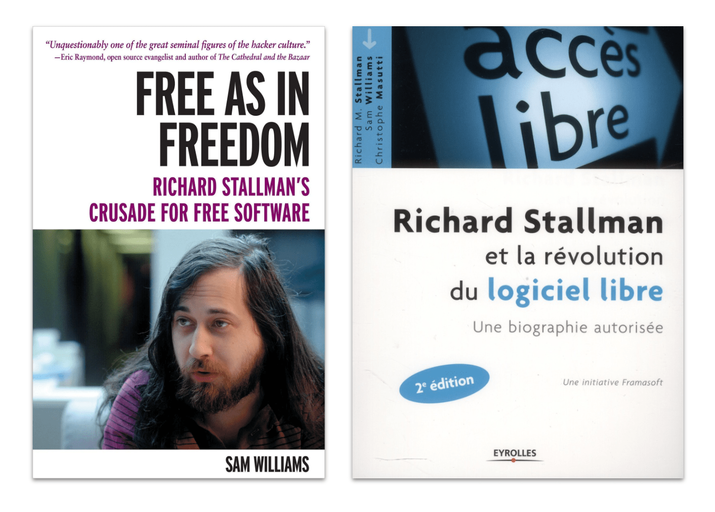 Couvertures côte à côte des deux biographies de Richard Stallman, dont l'une est "autorisée".