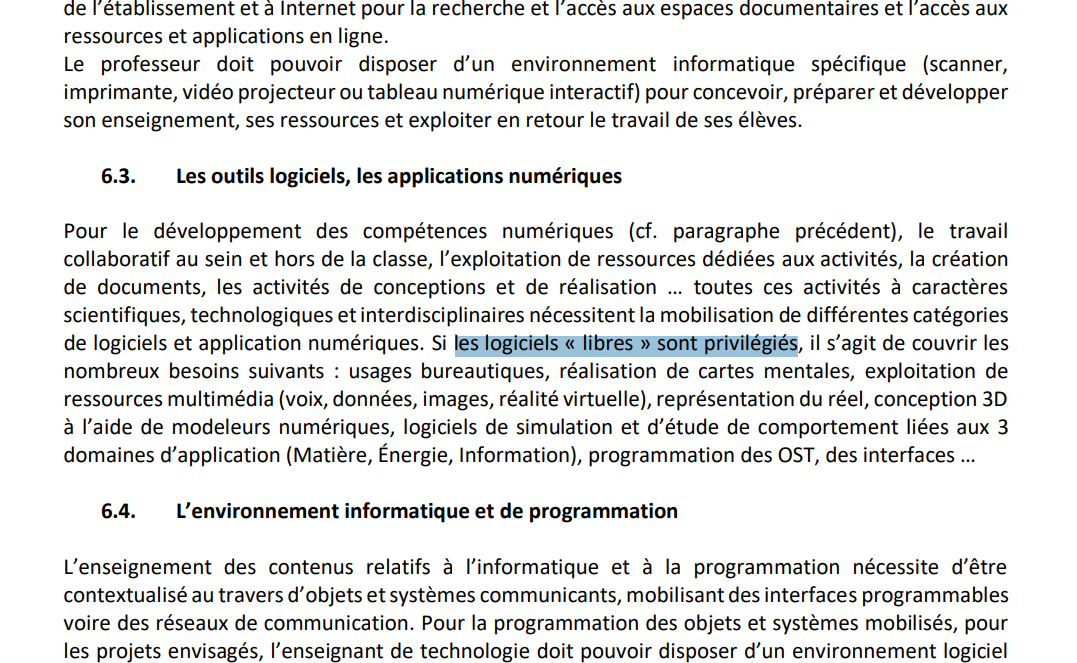 Copie d'écran de l'extrait du guide d'accompagnement citant les logiciels libres.