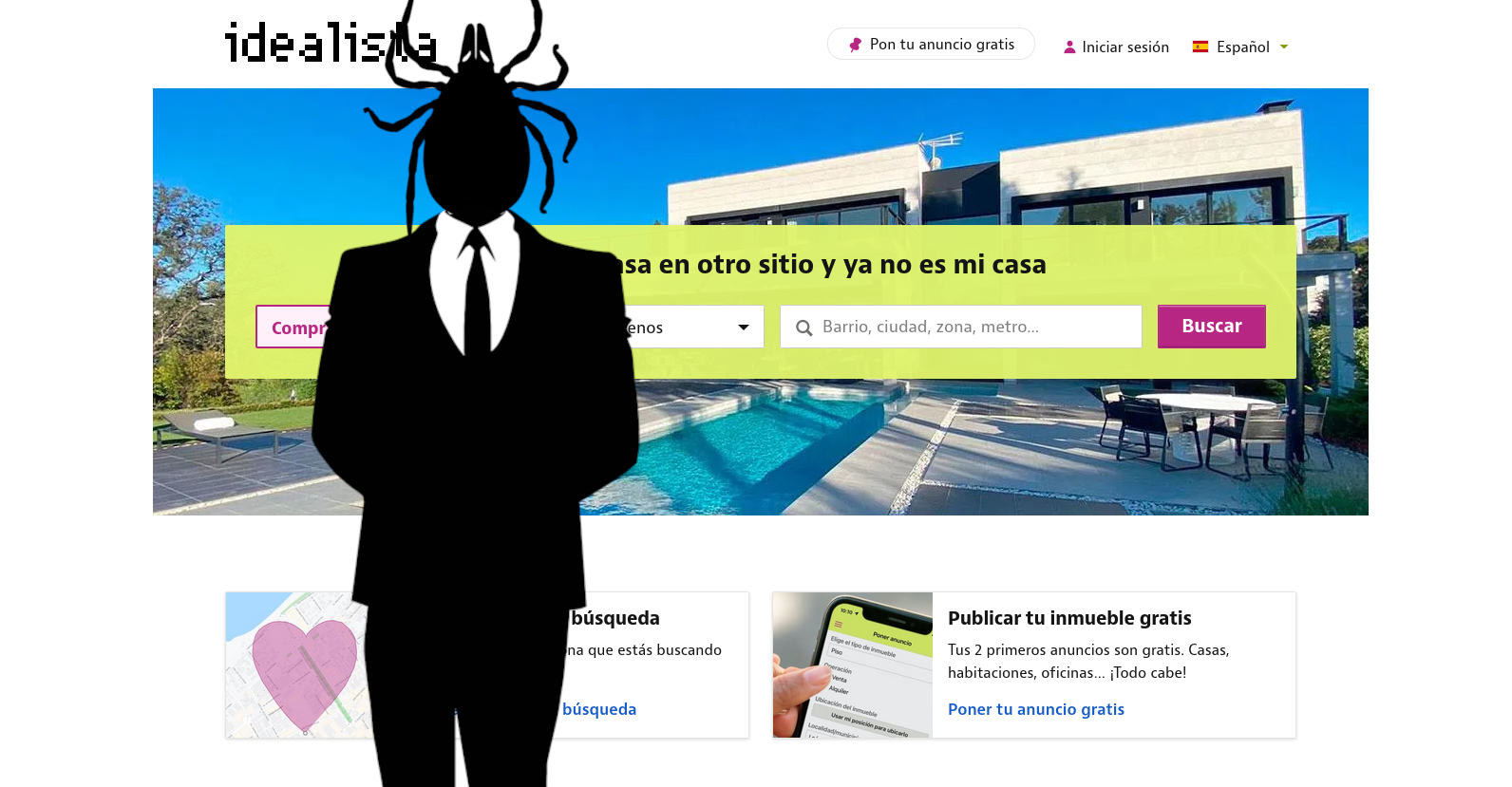 Sobre la imagen de la web del portal inmobiliario Idealista, la silueta de un hombre vestido de traje, pero su cabeza es una gigantesca garrapata.